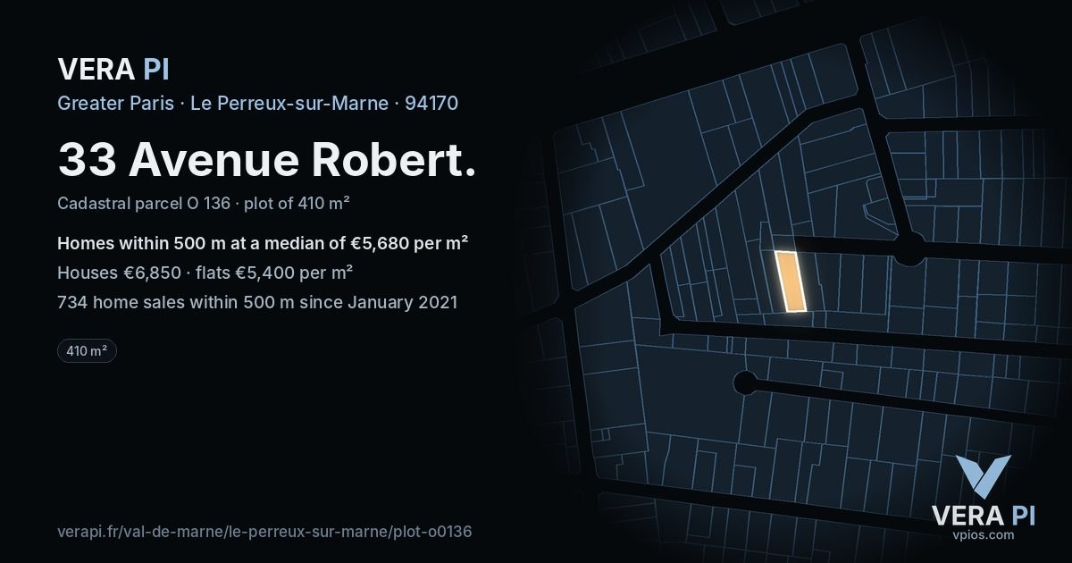 33 Avenue Robert, Le Perreux-sur-Marne at night – the plot lit, the parcels around coloured by the prices near them