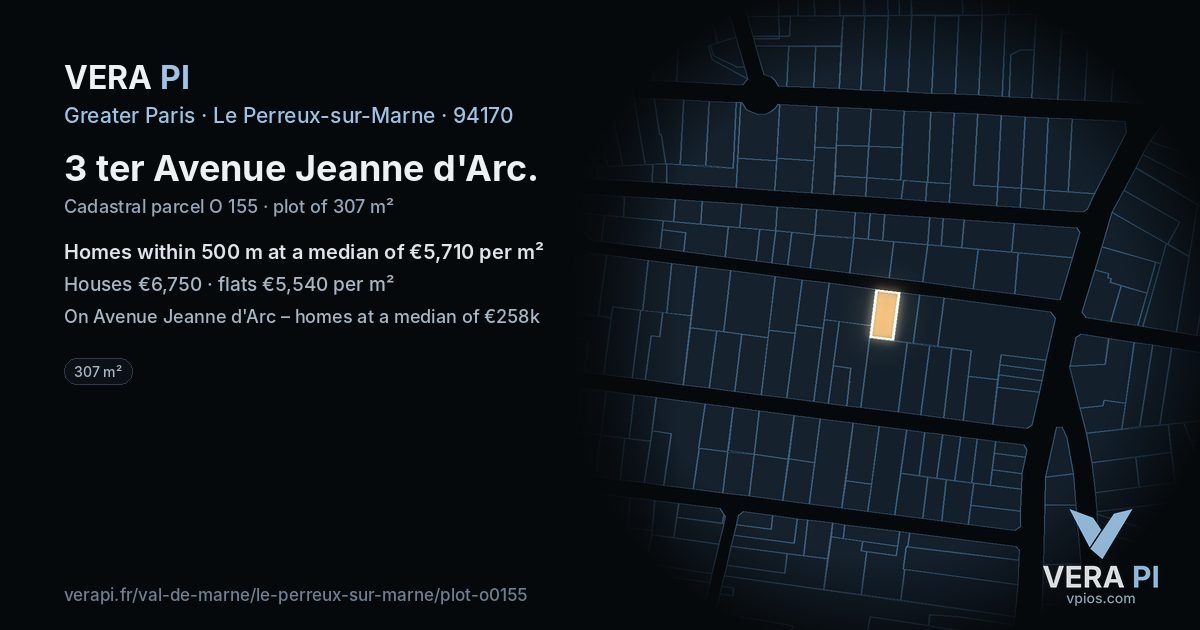 3 ter Avenue Jeanne d'Arc, Le Perreux-sur-Marne at night – the plot lit, the parcels around coloured by the prices near them