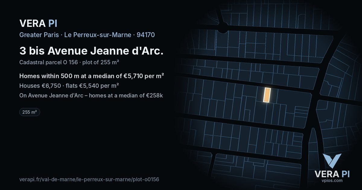 3 bis Avenue Jeanne d'Arc, Le Perreux-sur-Marne at night – the plot lit, the parcels around coloured by the prices near them
