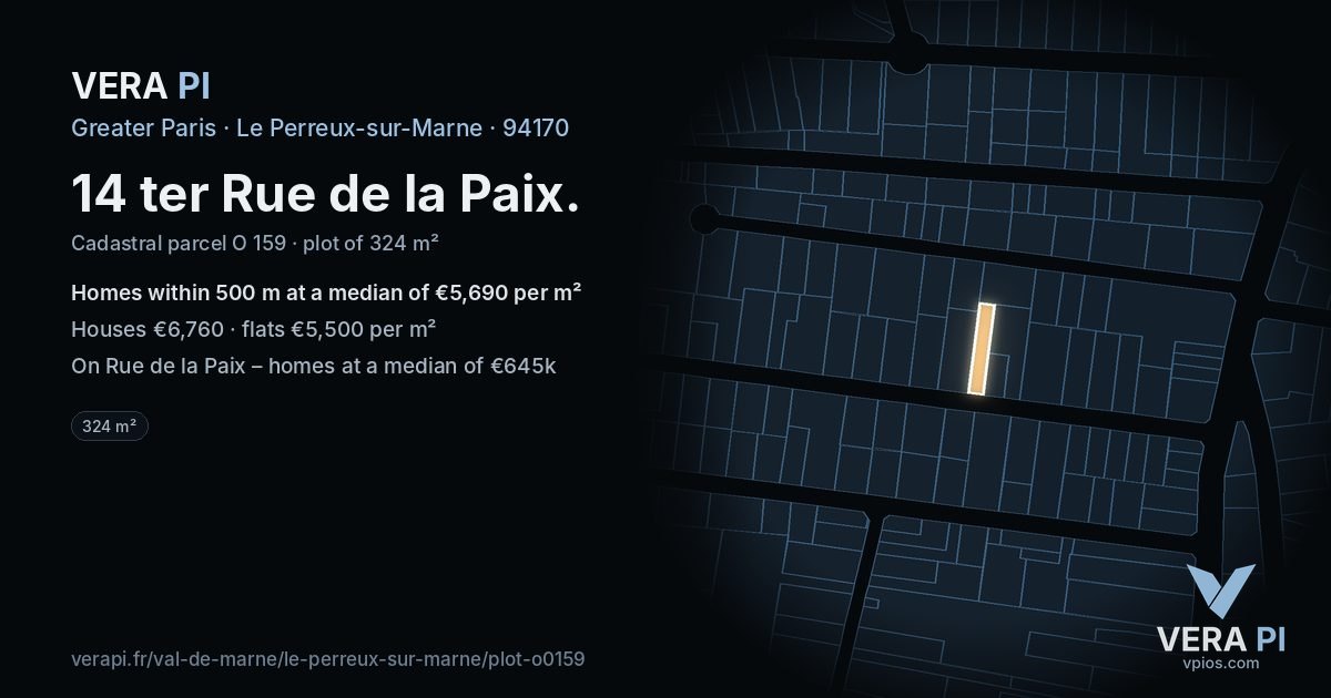 14 ter Rue de la Paix, Le Perreux-sur-Marne at night – the plot lit, the parcels around coloured by the prices near them