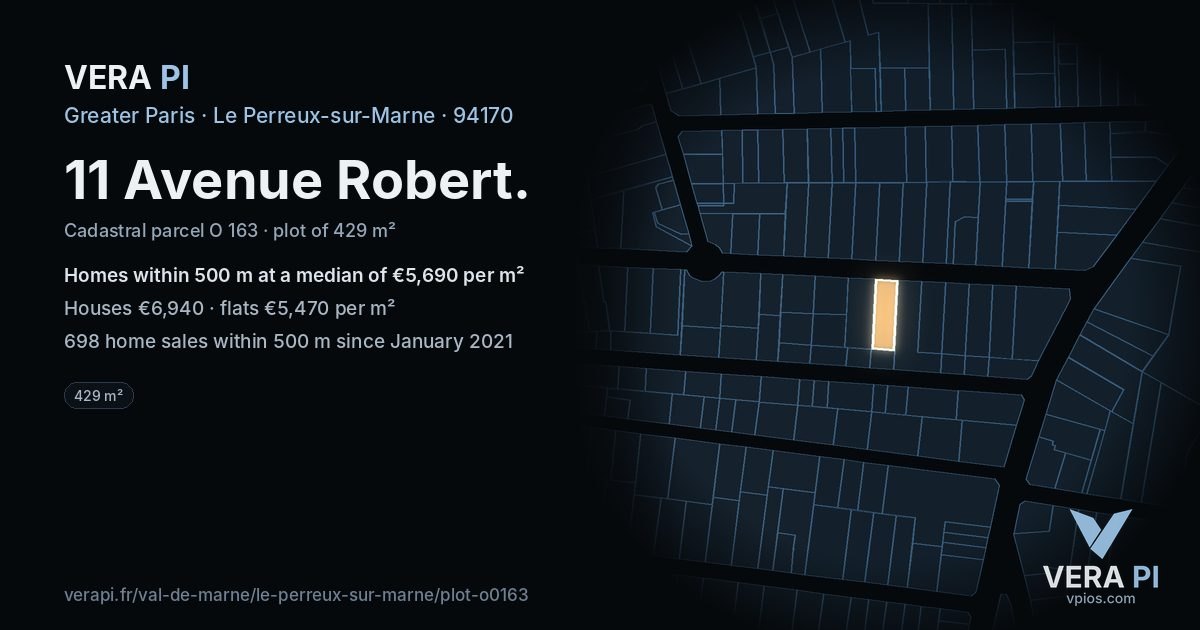 11 Avenue Robert, Le Perreux-sur-Marne at night – the plot lit, the parcels around coloured by the prices near them