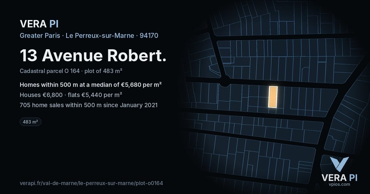13 Avenue Robert, Le Perreux-sur-Marne at night – the plot lit, the parcels around coloured by the prices near them