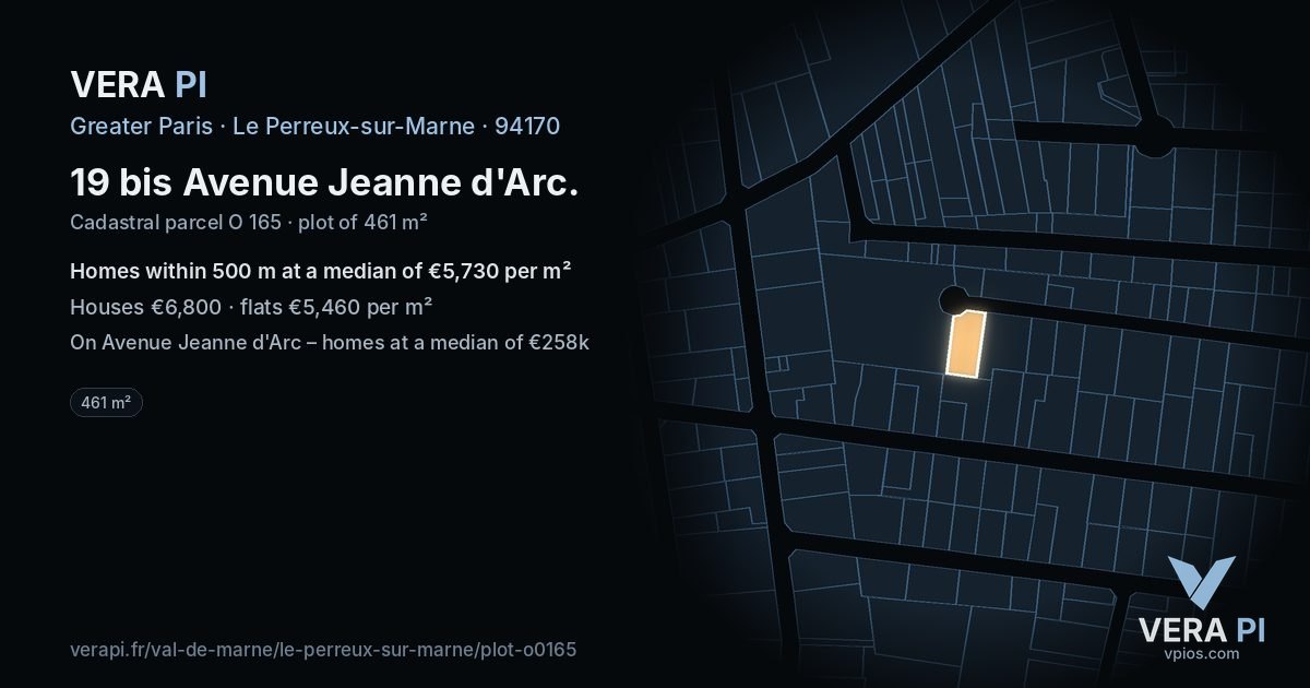 19 bis Avenue Jeanne d'Arc, Le Perreux-sur-Marne at night – the plot lit, the parcels around coloured by the prices near them