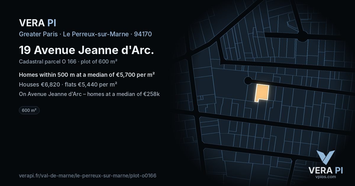 19 Avenue Jeanne d'Arc, Le Perreux-sur-Marne at night – the plot lit, the parcels around coloured by the prices near them