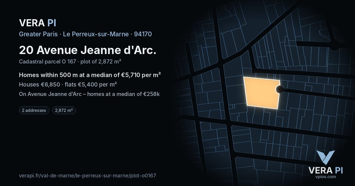 20 Avenue Jeanne d'Arc, Le Perreux-sur-Marne at night – the plot lit, the parcels around coloured by the prices near them