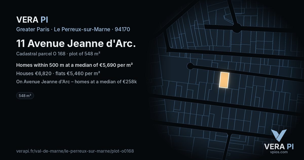 11 Avenue Jeanne d'Arc, Le Perreux-sur-Marne at night – the plot lit, the parcels around coloured by the prices near them