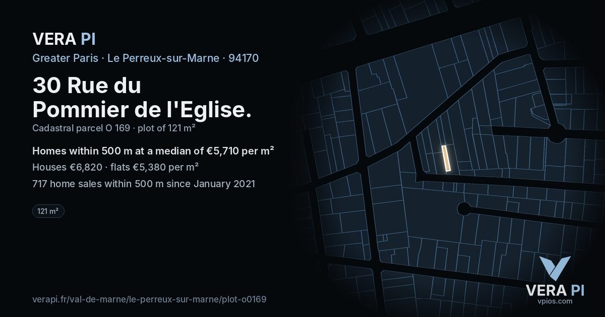 30 Rue du Pommier de l'Eglise, Le Perreux-sur-Marne at night – the plot lit, the parcels around coloured by the prices near them