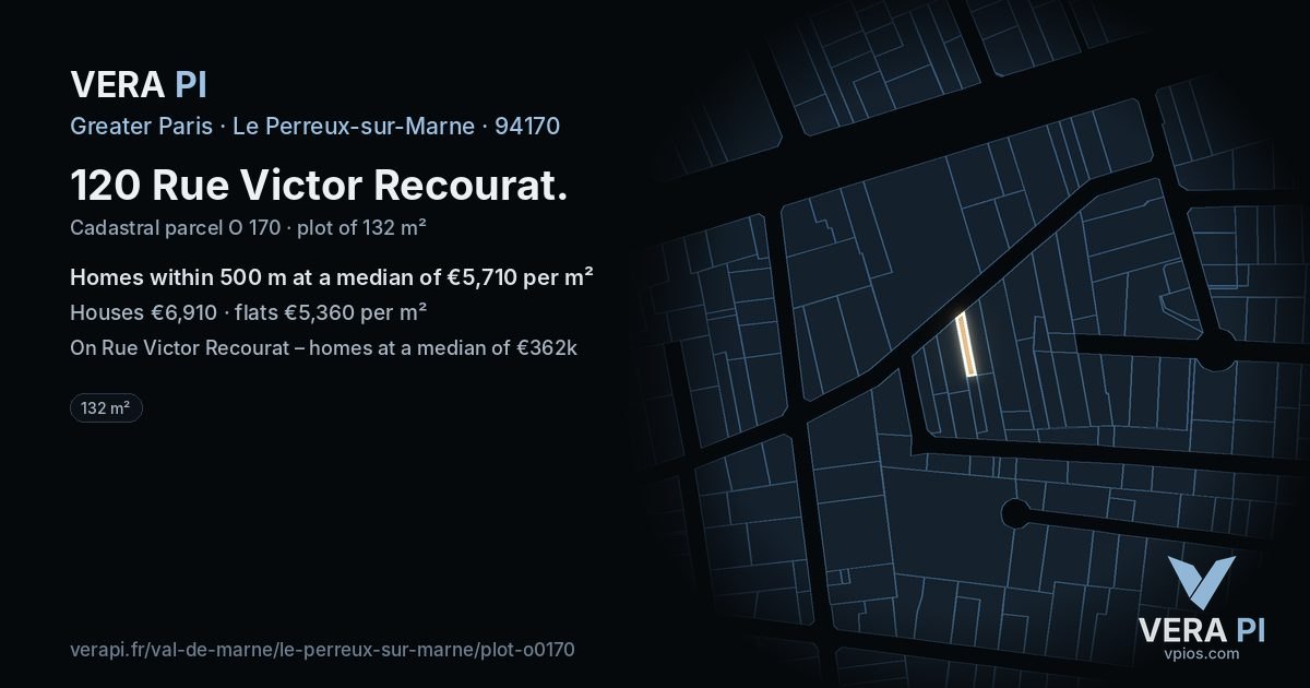 120 Rue Victor Recourat, Le Perreux-sur-Marne at night – the plot lit, the parcels around coloured by the prices near them