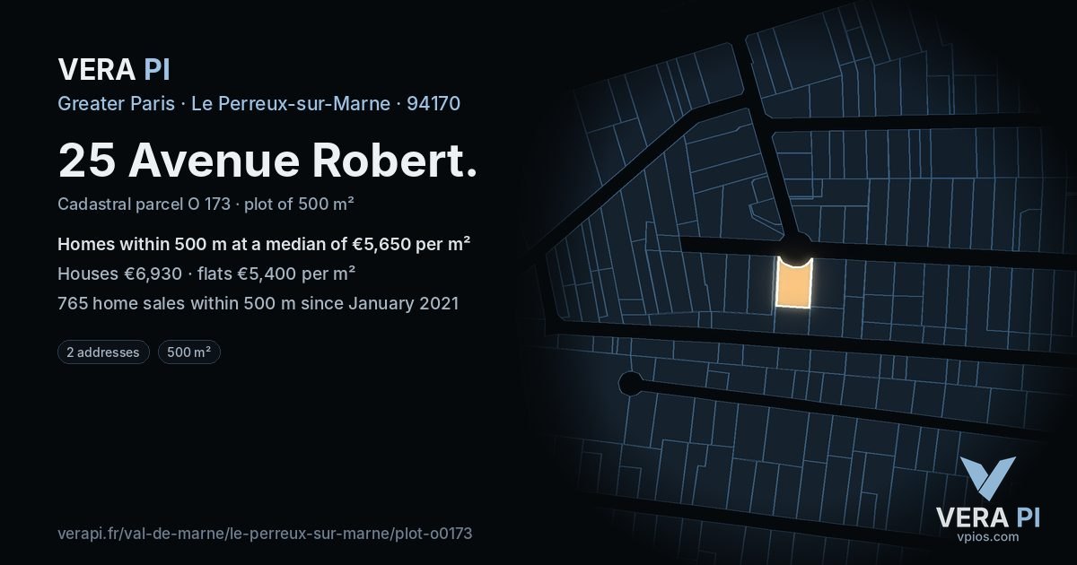25 Avenue Robert, Le Perreux-sur-Marne at night – the plot lit, the parcels around coloured by the prices near them