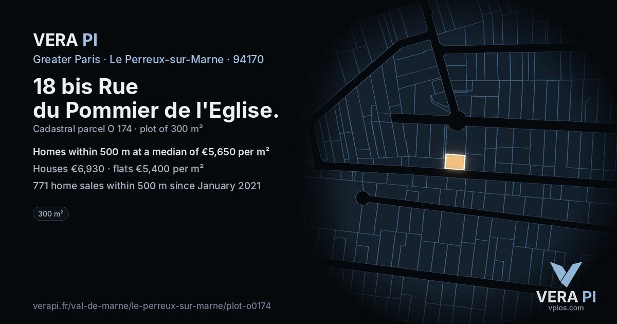 18 bis Rue du Pommier de l'Eglise, Le Perreux-sur-Marne at night – the plot lit, the parcels around coloured by the prices near them