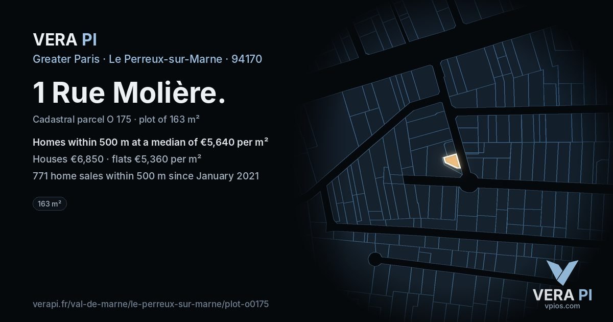 1 Rue Molière, Le Perreux-sur-Marne at night – the plot lit, the parcels around coloured by the prices near them