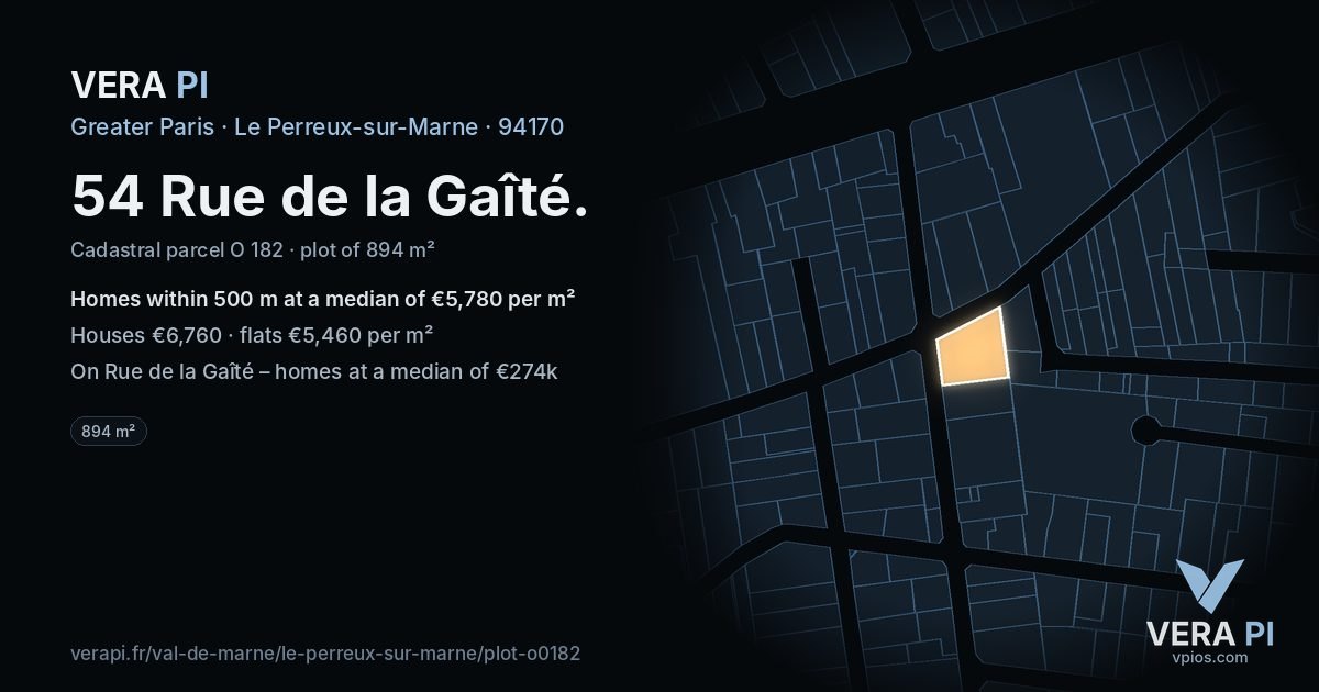 54 Rue de la Gaîté, Le Perreux-sur-Marne at night – the plot lit, the parcels around coloured by the prices near them