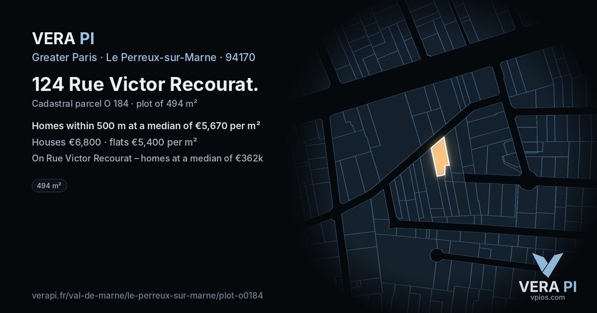 124 Rue Victor Recourat, Le Perreux-sur-Marne at night – the plot lit, the parcels around coloured by the prices near them