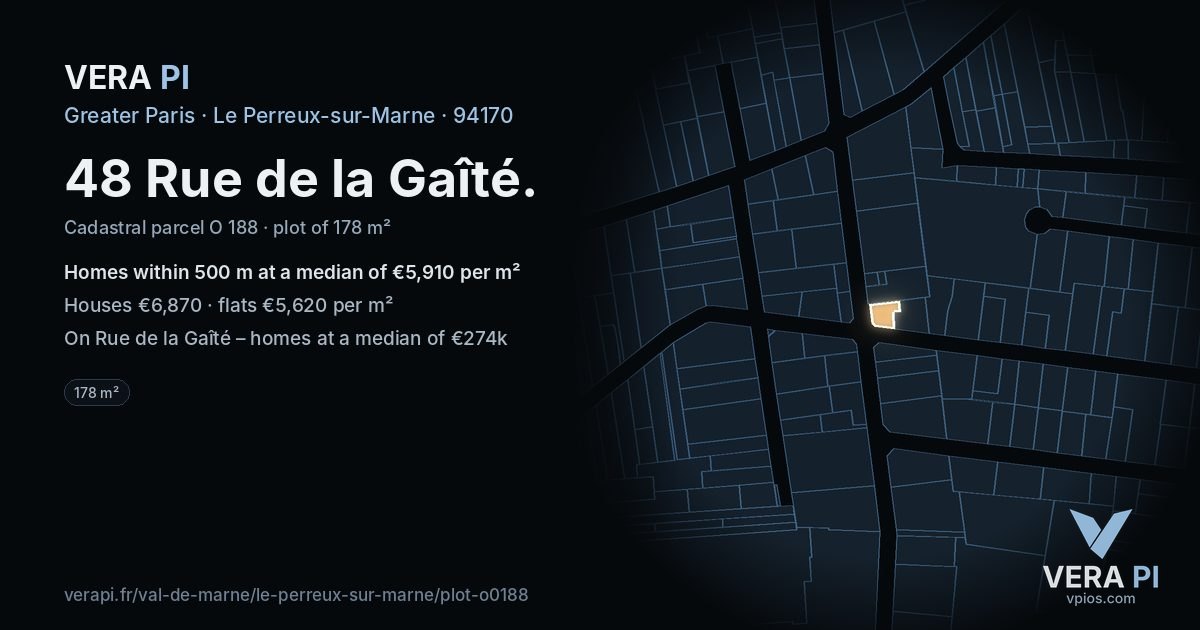 48 Rue de la Gaîté, Le Perreux-sur-Marne at night – the plot lit, the parcels around coloured by the prices near them