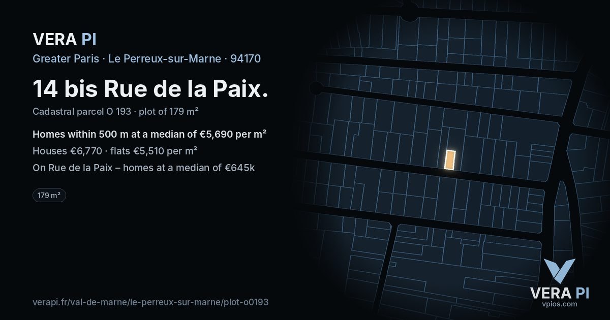 14 bis Rue de la Paix, Le Perreux-sur-Marne at night – the plot lit, the parcels around coloured by the prices near them
