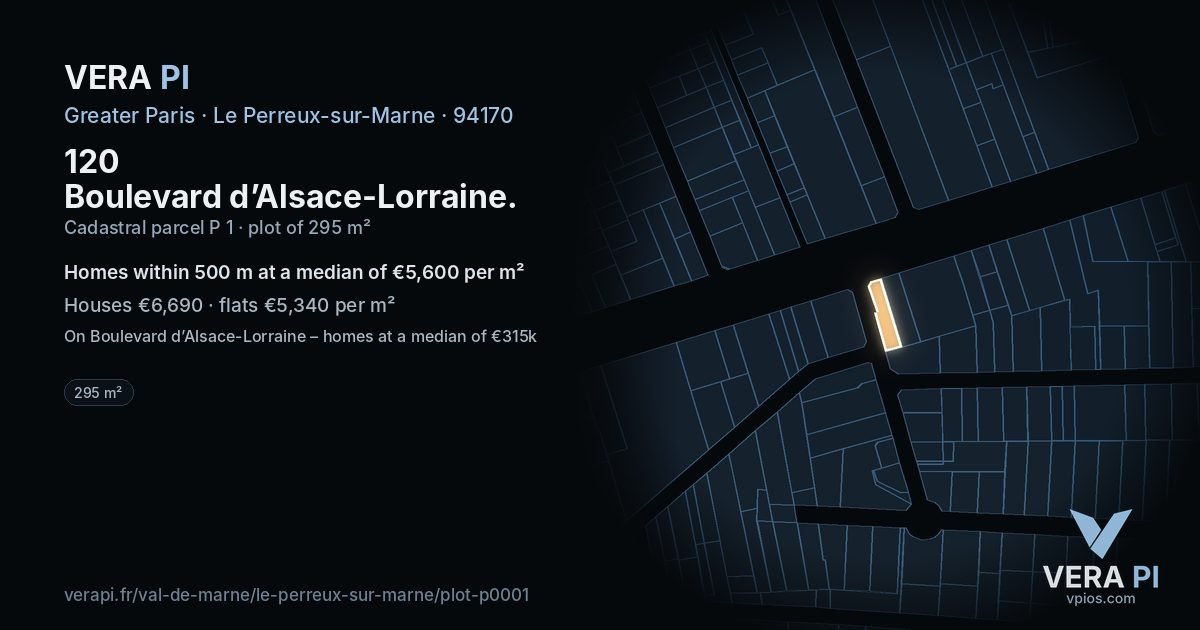 120 Boulevard d’Alsace-Lorraine, Le Perreux-sur-Marne at night – the plot lit, the parcels around coloured by the prices near them