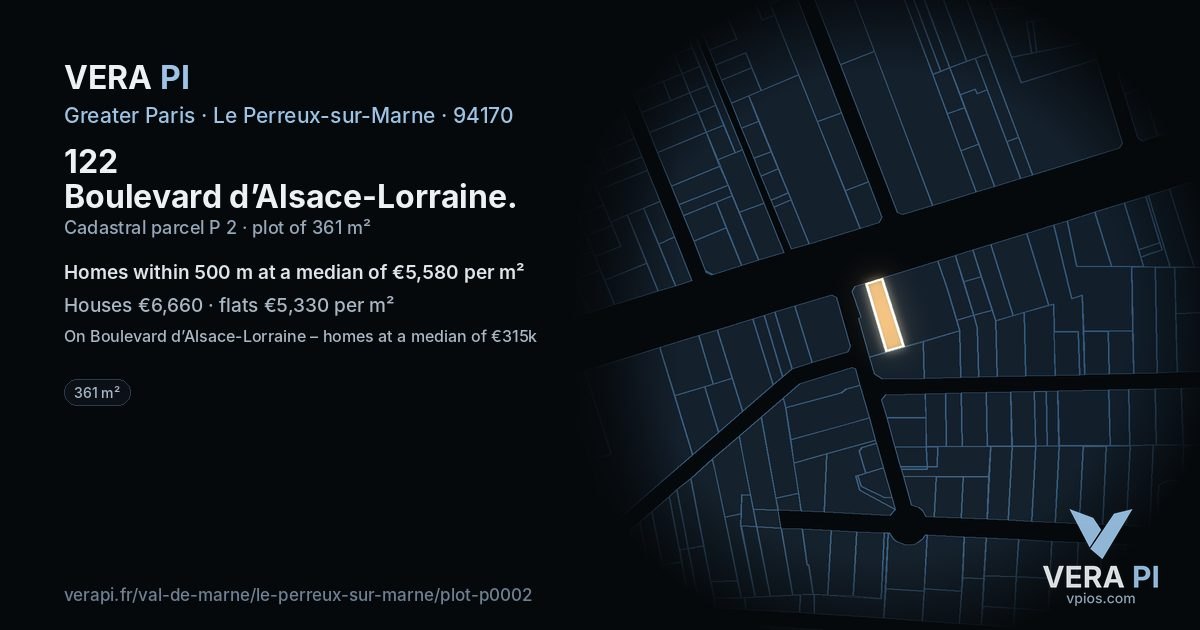 122 Boulevard d’Alsace-Lorraine, Le Perreux-sur-Marne at night – the plot lit, the parcels around coloured by the prices near them