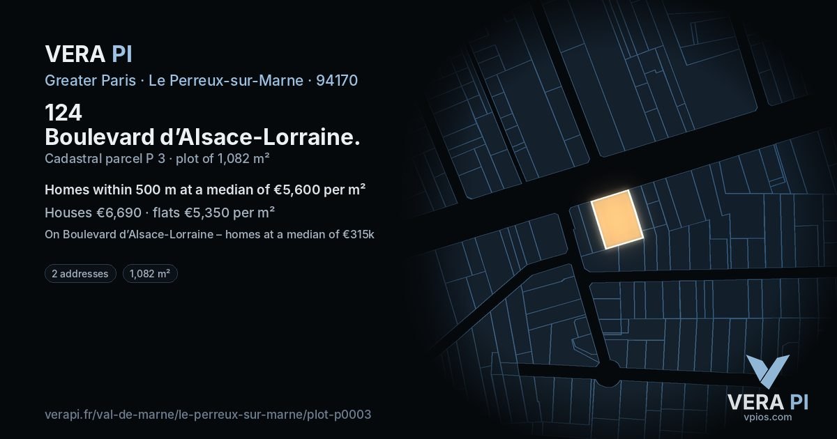124 Boulevard d’Alsace-Lorraine, Le Perreux-sur-Marne at night – the plot lit, the parcels around coloured by the prices near them