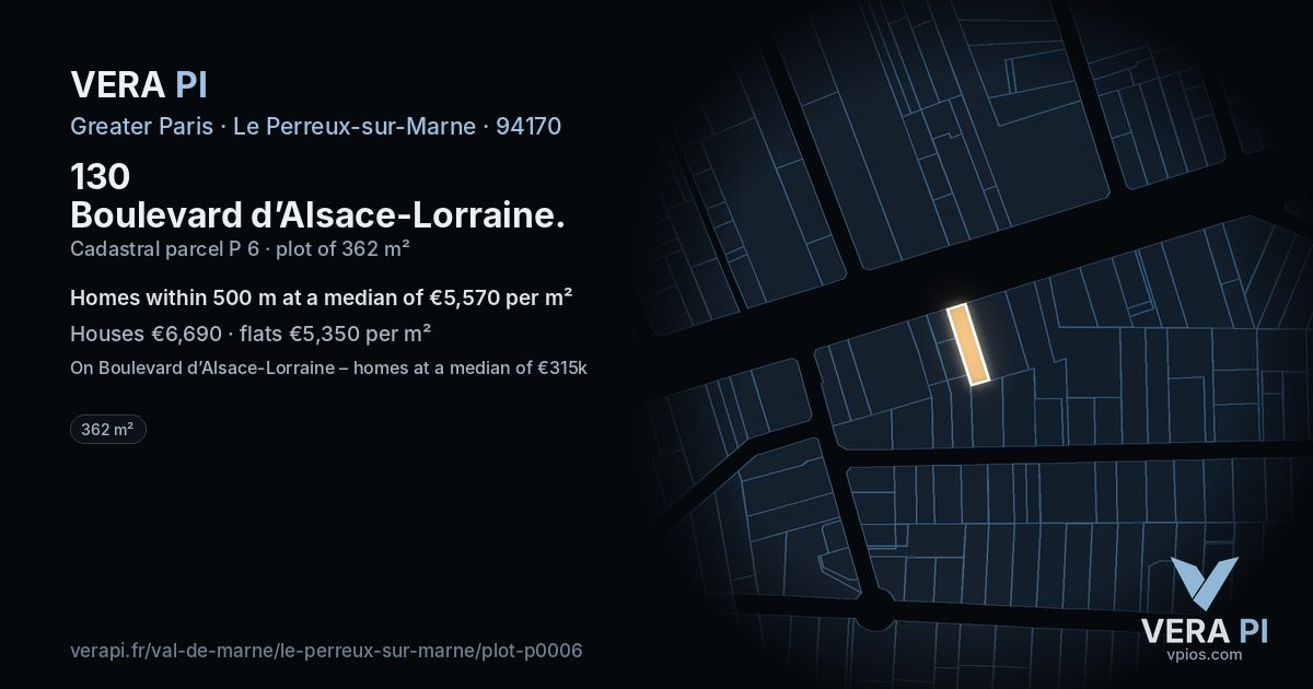 130 Boulevard d’Alsace-Lorraine, Le Perreux-sur-Marne at night – the plot lit, the parcels around coloured by the prices near them