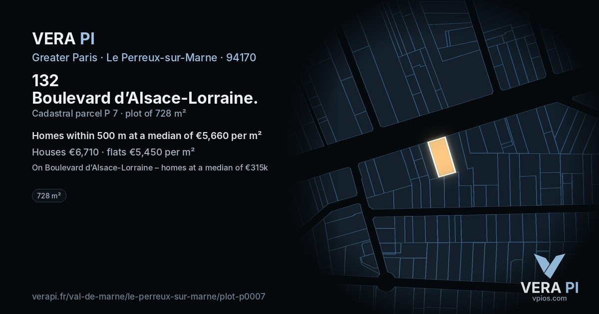 132 Boulevard d’Alsace-Lorraine, Le Perreux-sur-Marne at night – the plot lit, the parcels around coloured by the prices near them