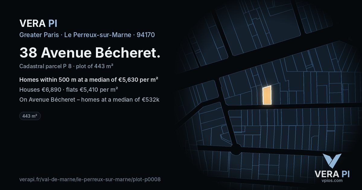 38 Avenue Bécheret, Le Perreux-sur-Marne at night – the plot lit, the parcels around coloured by the prices near them