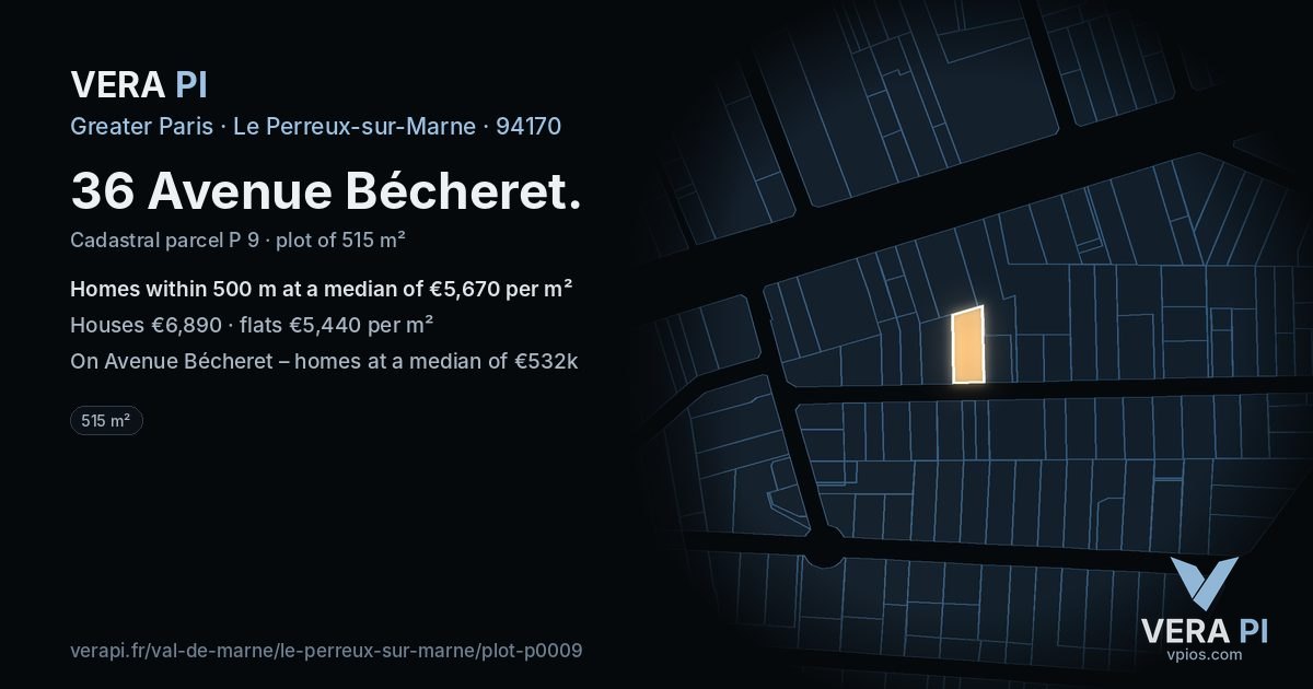 36 Avenue Bécheret, Le Perreux-sur-Marne at night – the plot lit, the parcels around coloured by the prices near them