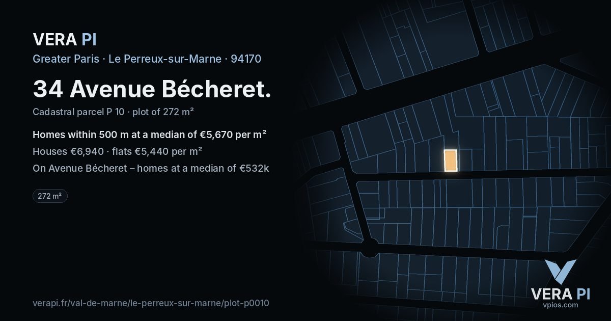 34 Avenue Bécheret, Le Perreux-sur-Marne at night – the plot lit, the parcels around coloured by the prices near them