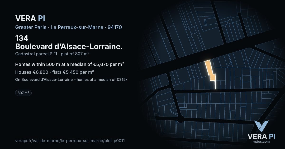 134 Boulevard d’Alsace-Lorraine, Le Perreux-sur-Marne at night – the plot lit, the parcels around coloured by the prices near them