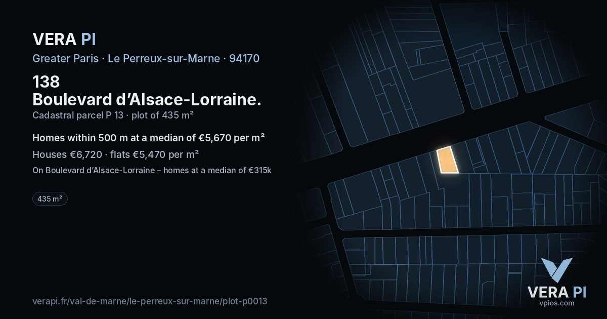 138 Boulevard d’Alsace-Lorraine, Le Perreux-sur-Marne at night – the plot lit, the parcels around coloured by the prices near them