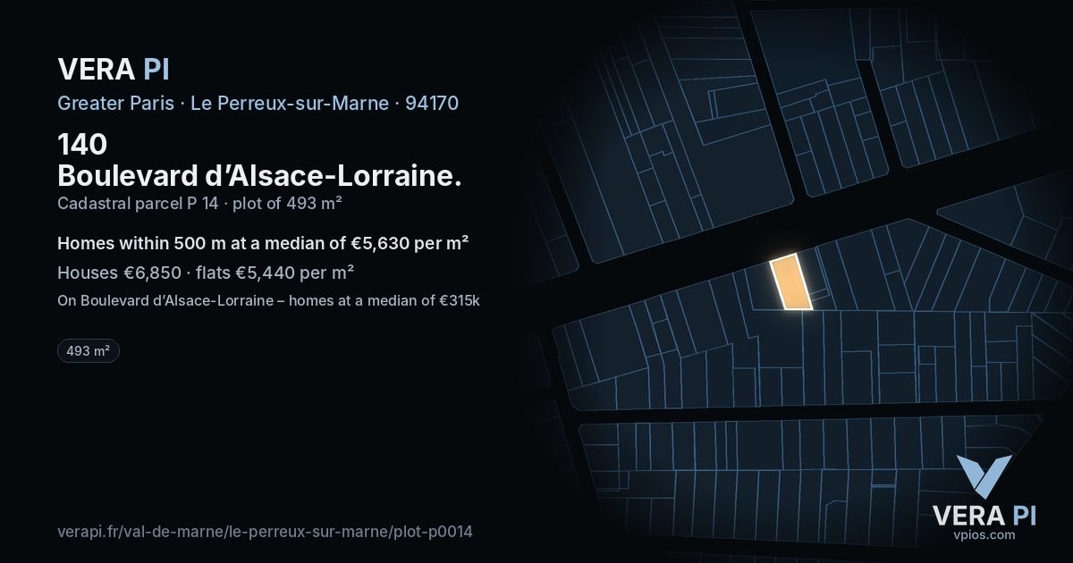 140 Boulevard d’Alsace-Lorraine, Le Perreux-sur-Marne at night – the plot lit, the parcels around coloured by the prices near them