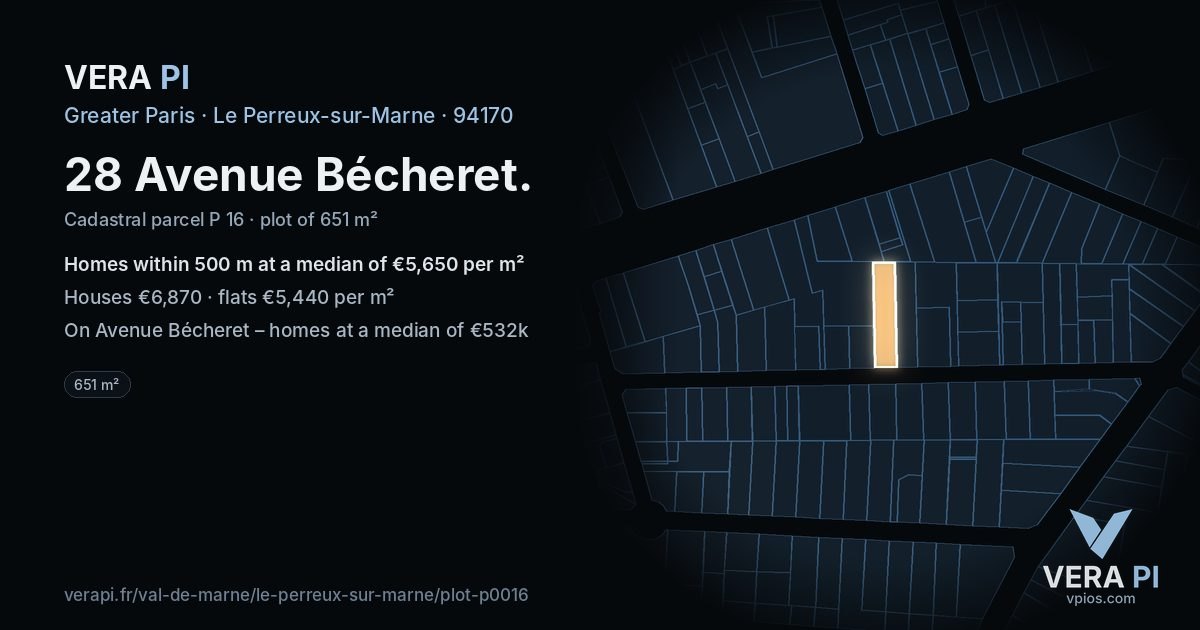 28 Avenue Bécheret, Le Perreux-sur-Marne at night – the plot lit, the parcels around coloured by the prices near them