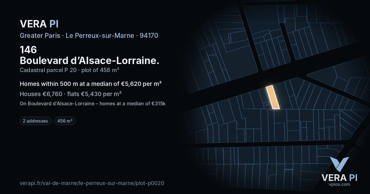 146 Boulevard d’Alsace-Lorraine, Le Perreux-sur-Marne at night – the plot lit, the parcels around coloured by the prices near them