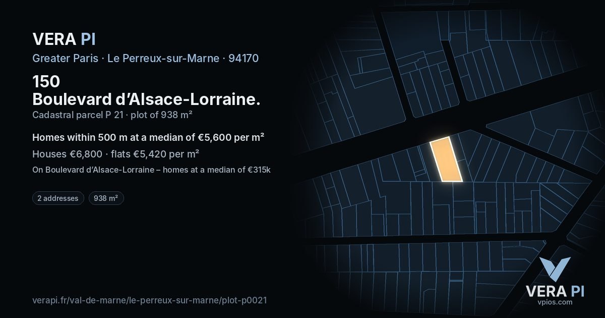 150 Boulevard d’Alsace-Lorraine, Le Perreux-sur-Marne at night – the plot lit, the parcels around coloured by the prices near them