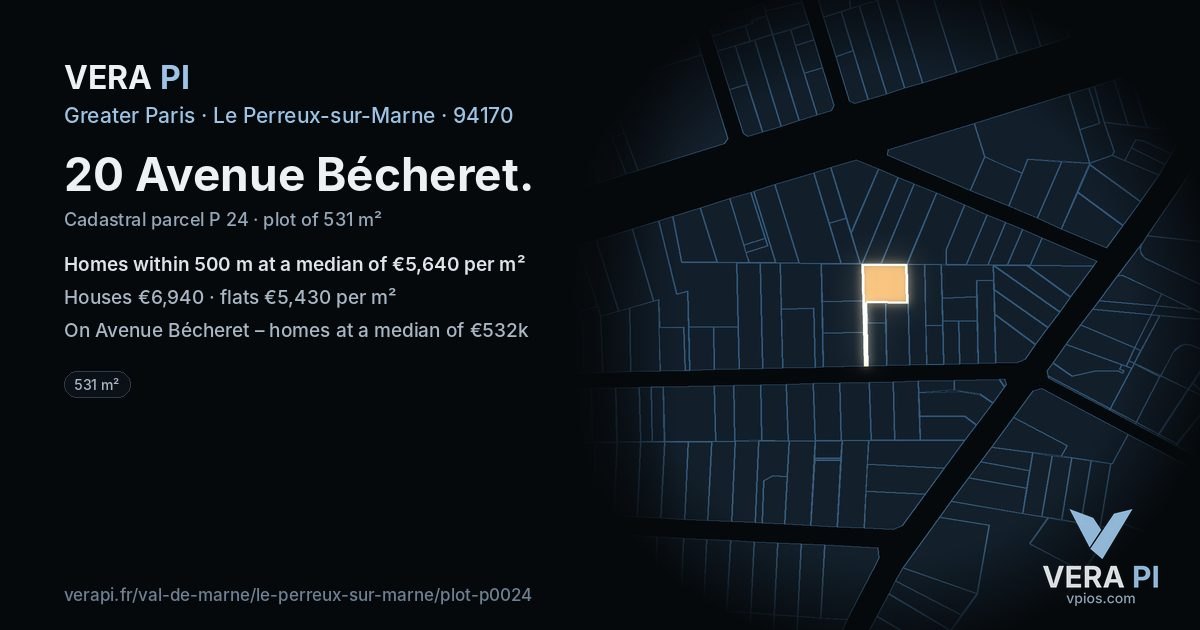 20 Avenue Bécheret, Le Perreux-sur-Marne at night – the plot lit, the parcels around coloured by the prices near them