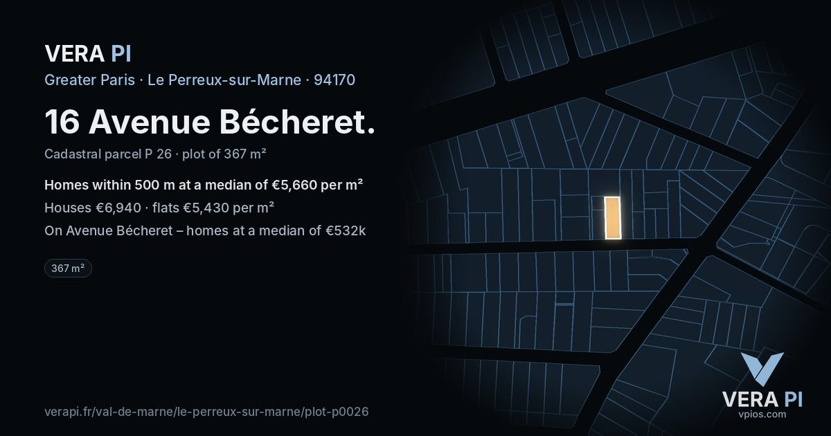 16 Avenue Bécheret, Le Perreux-sur-Marne at night – the plot lit, the parcels around coloured by the prices near them