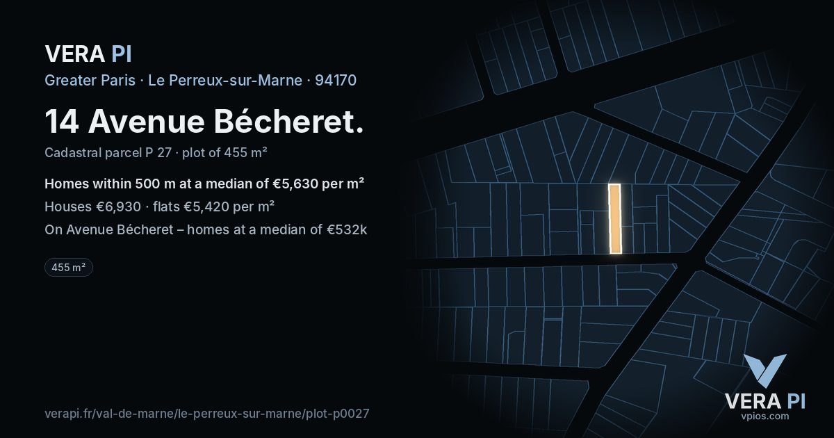 14 Avenue Bécheret, Le Perreux-sur-Marne at night – the plot lit, the parcels around coloured by the prices near them