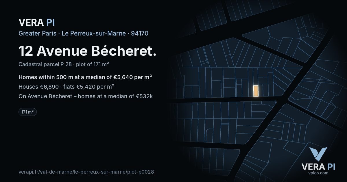 12 Avenue Bécheret, Le Perreux-sur-Marne at night – the plot lit, the parcels around coloured by the prices near them