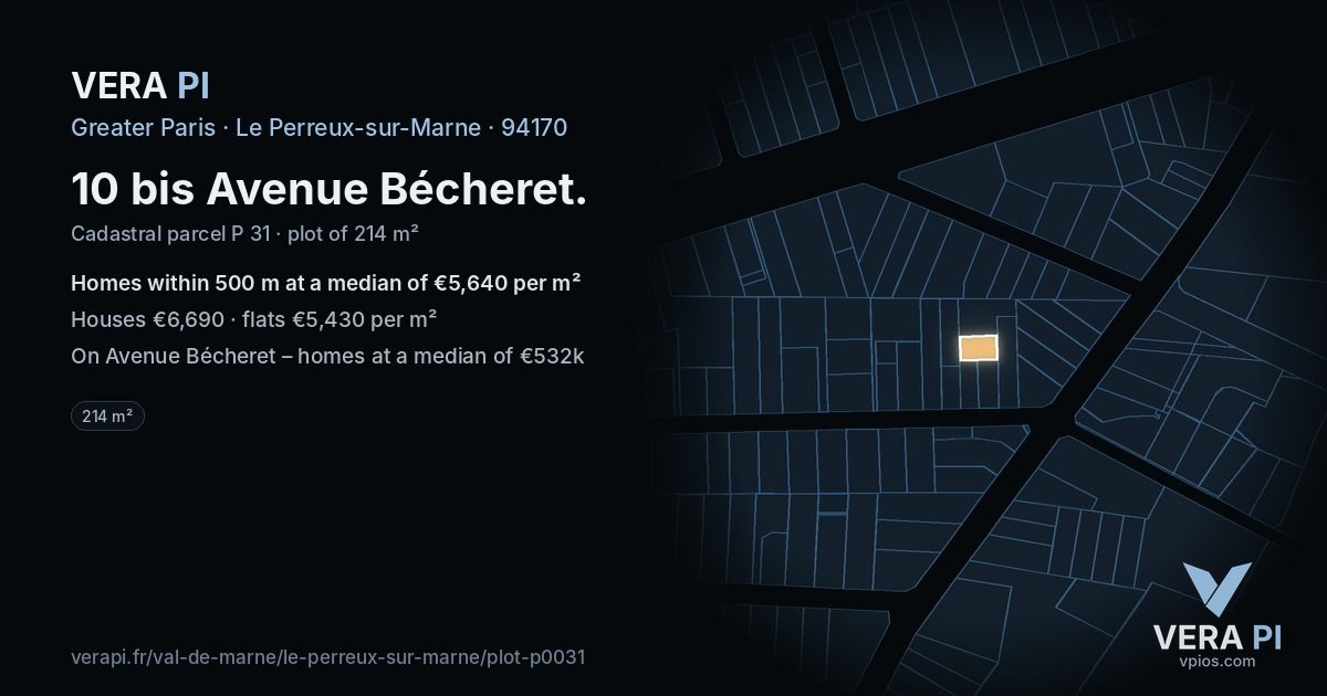 10 bis Avenue Bécheret, Le Perreux-sur-Marne at night – the plot lit, the parcels around coloured by the prices near them
