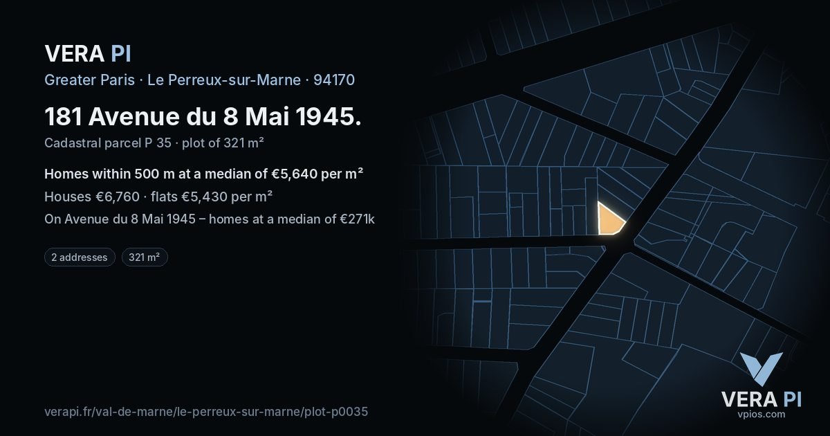 181 Avenue du 8 Mai 1945, Le Perreux-sur-Marne at night – the plot lit, the parcels around coloured by the prices near them