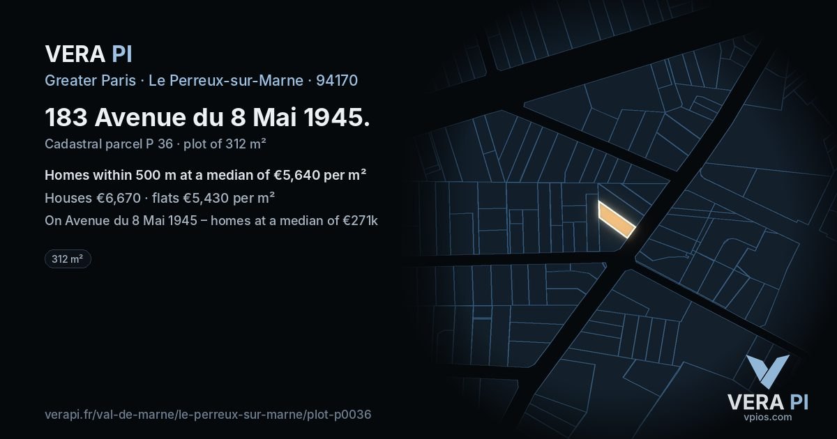 183 Avenue du 8 Mai 1945, Le Perreux-sur-Marne at night – the plot lit, the parcels around coloured by the prices near them