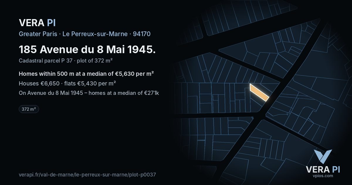 185 Avenue du 8 Mai 1945, Le Perreux-sur-Marne at night – the plot lit, the parcels around coloured by the prices near them