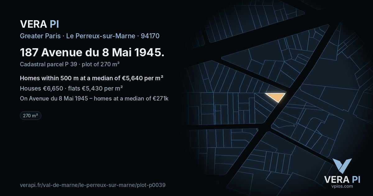 187 Avenue du 8 Mai 1945, Le Perreux-sur-Marne at night – the plot lit, the parcels around coloured by the prices near them
