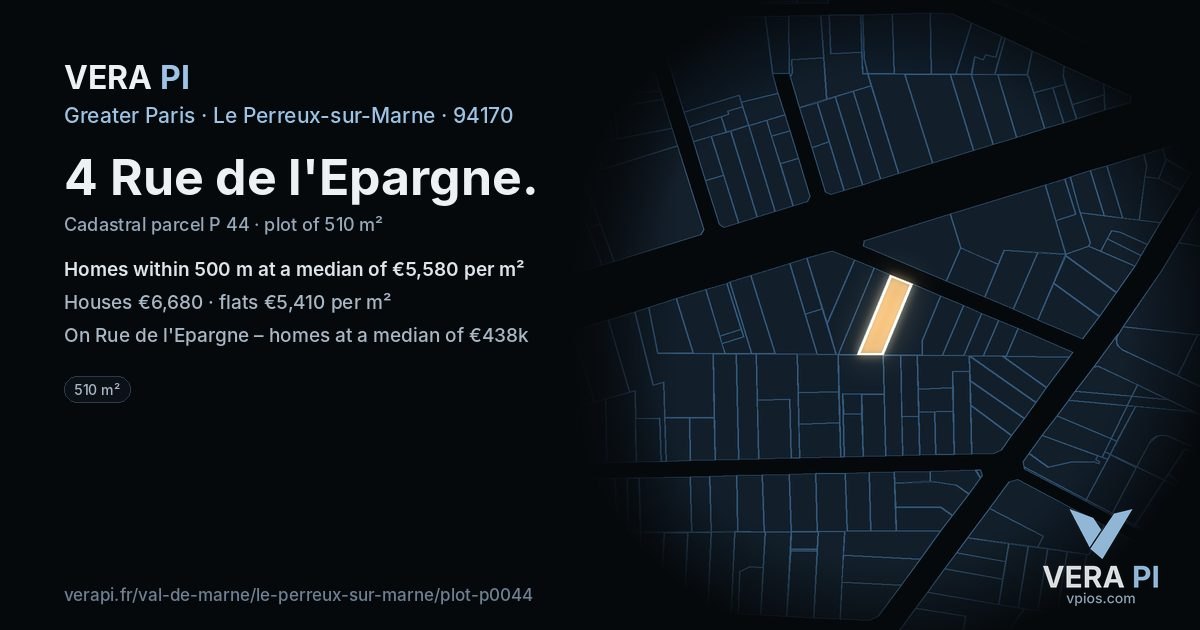 4 Rue de l'Epargne, Le Perreux-sur-Marne at night – the plot lit, the parcels around coloured by the prices near them