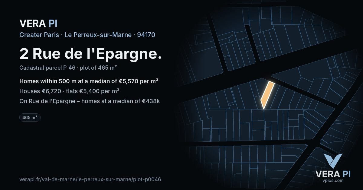 2 Rue de l'Epargne, Le Perreux-sur-Marne at night – the plot lit, the parcels around coloured by the prices near them