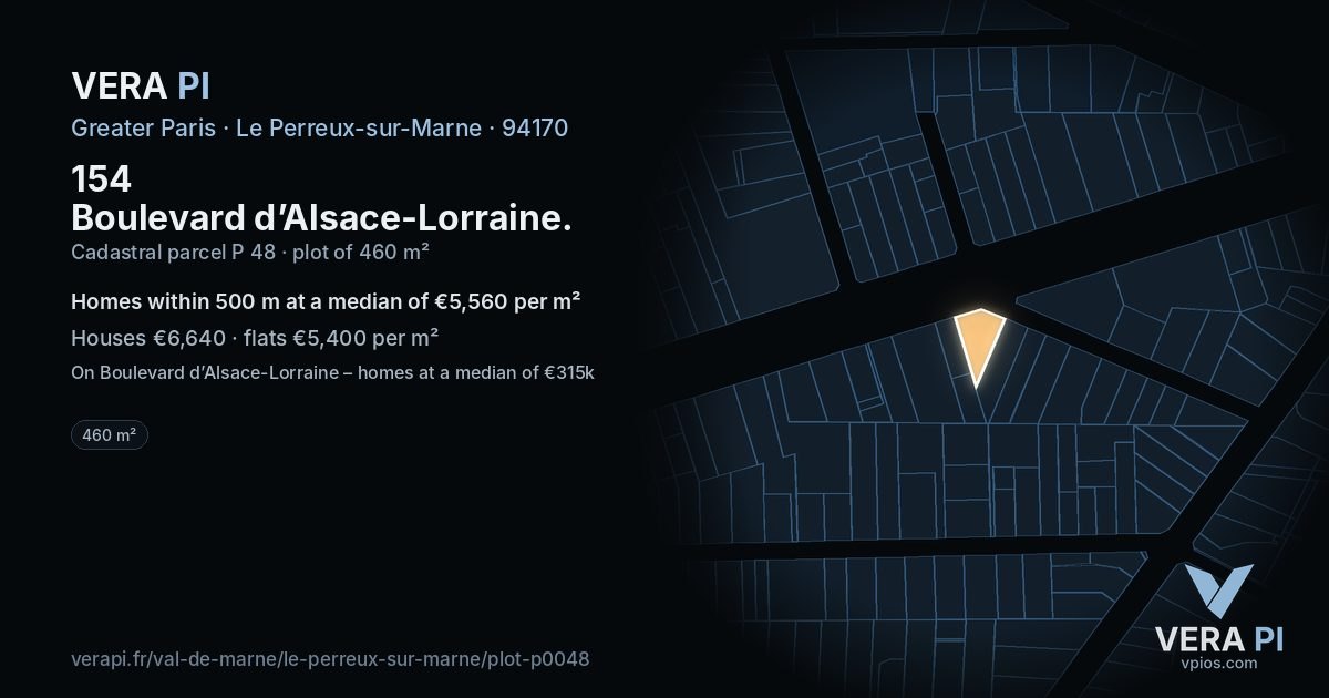 154 Boulevard d’Alsace-Lorraine, Le Perreux-sur-Marne at night – the plot lit, the parcels around coloured by the prices near them