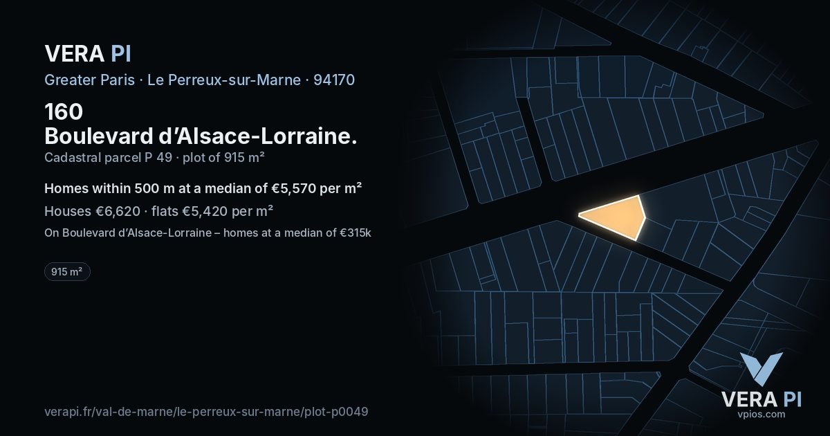 160 Boulevard d’Alsace-Lorraine, Le Perreux-sur-Marne at night – the plot lit, the parcels around coloured by the prices near them