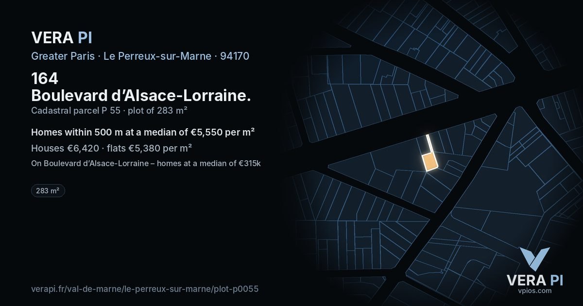 164 Boulevard d’Alsace-Lorraine, Le Perreux-sur-Marne at night – the plot lit, the parcels around coloured by the prices near them