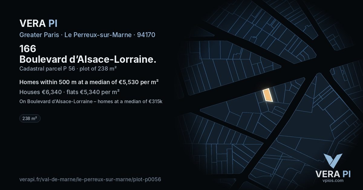 166 Boulevard d’Alsace-Lorraine, Le Perreux-sur-Marne at night – the plot lit, the parcels around coloured by the prices near them