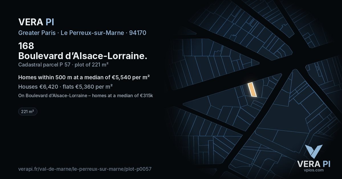 168 Boulevard d’Alsace-Lorraine, Le Perreux-sur-Marne at night – the plot lit, the parcels around coloured by the prices near them