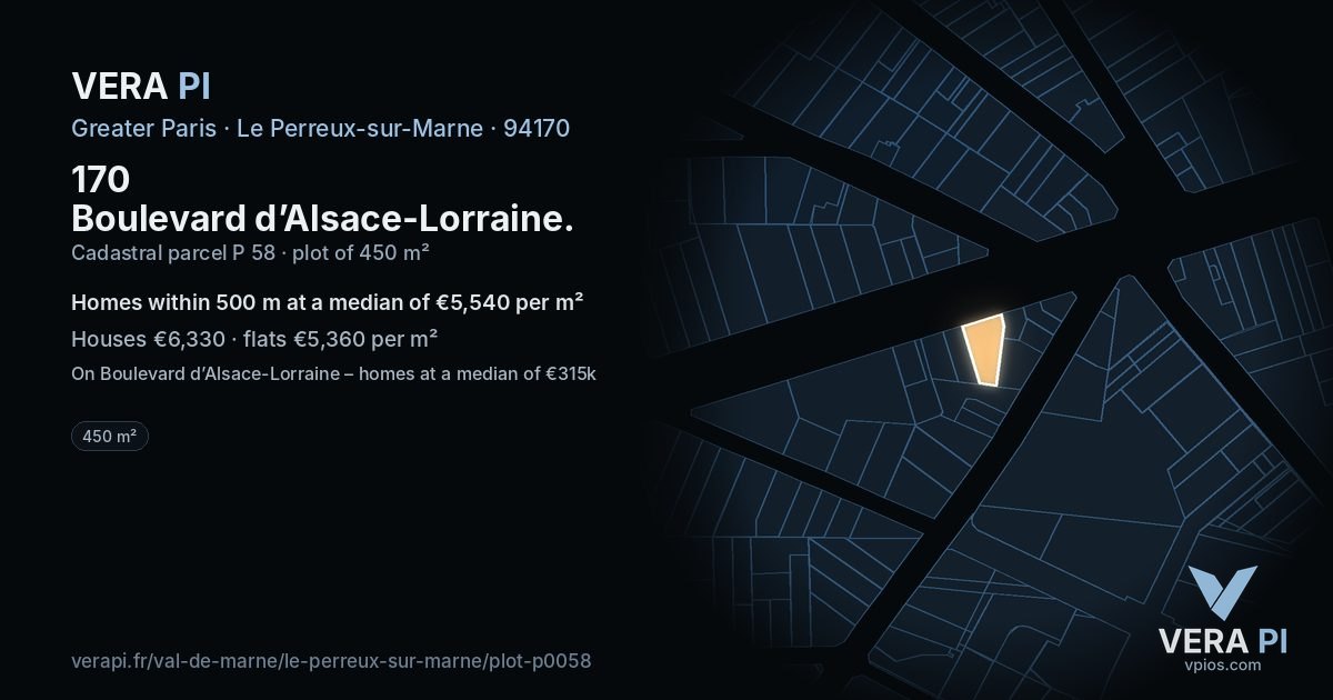 170 Boulevard d’Alsace-Lorraine, Le Perreux-sur-Marne at night – the plot lit, the parcels around coloured by the prices near them